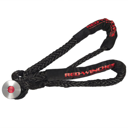 Red Winches 20mm Synthetic Soft Shackle, 50T MBS, Black braided rope with metal thimble.