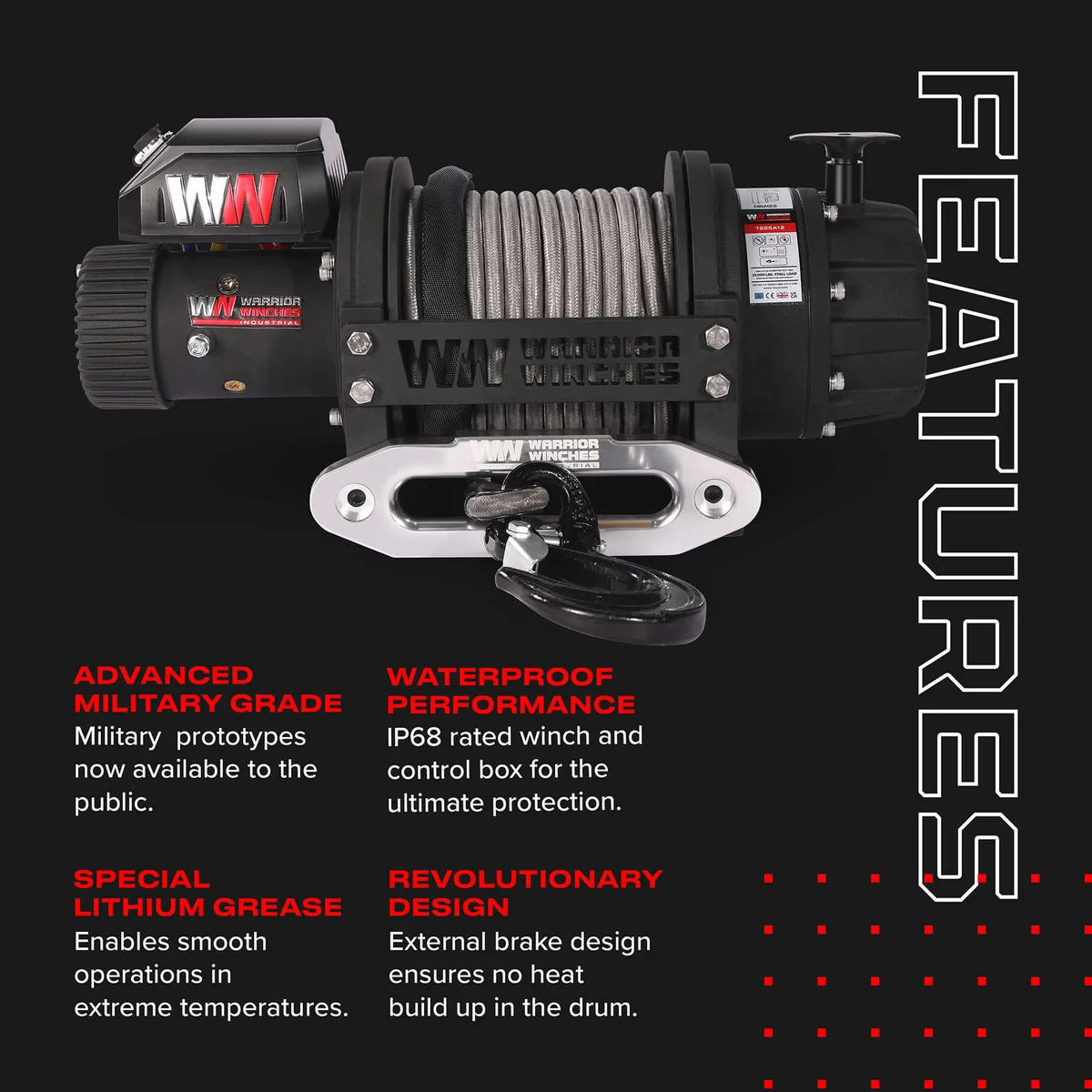 Warrior T1000 25000lb Severe-Duty 12V Electric Winch – Synthetic Rope - Image 5