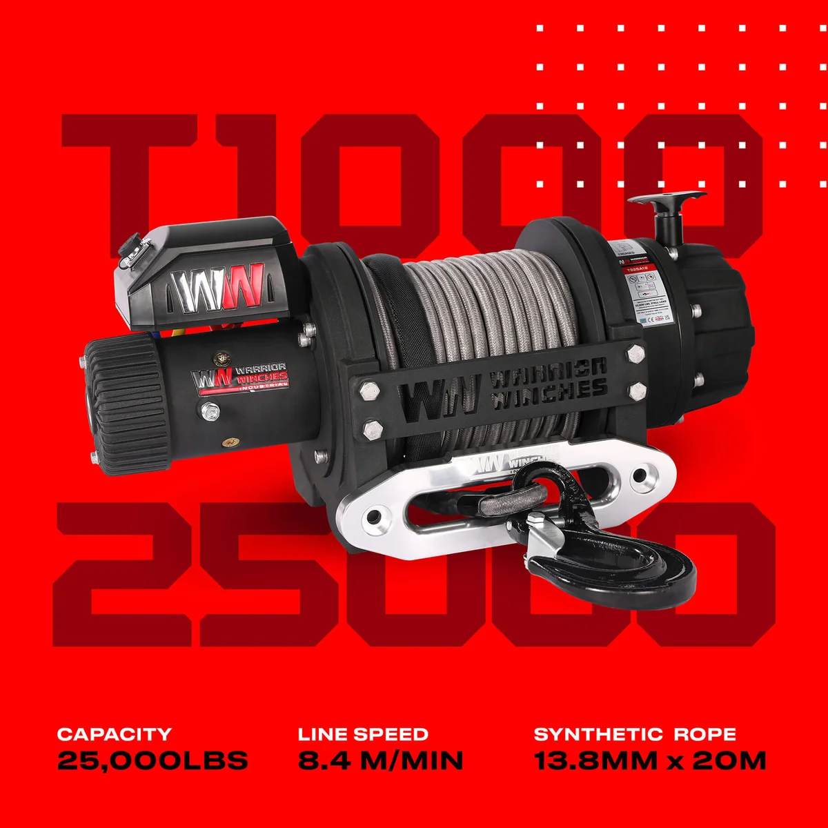 Warrior T1000 25000lb Severe-Duty 12V Electric Winch – Synthetic Rope - Image 6